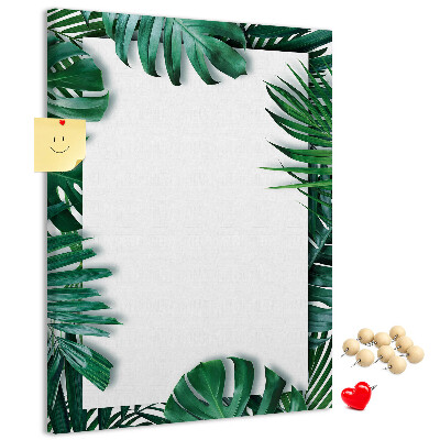 Tablero de corcho para pared con diseño de hojas tropicales y marco blanco