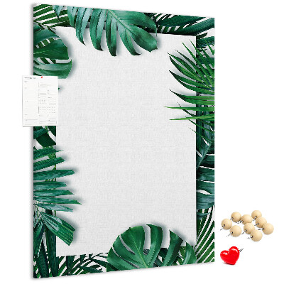Tablero de corcho para pared con diseño de hojas tropicales y marco blanco