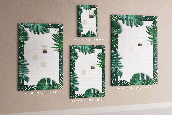 Tablero de corcho para pared con diseño de hojas tropicales y marco blanco