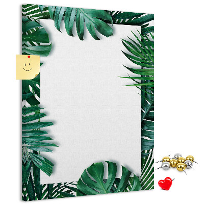 Tablero de corcho para pared con diseño de hojas tropicales y marco blanco