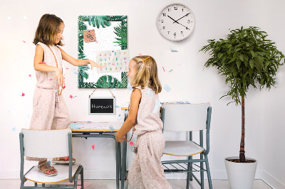 Tablero de corcho para pared con diseño de hojas tropicales y marco blanco