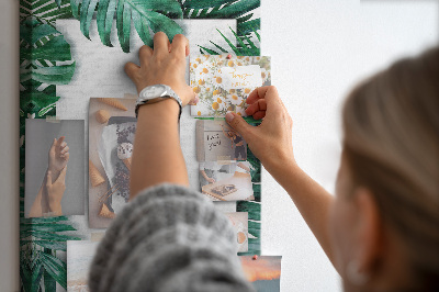Tablero de corcho para pared con diseño de hojas tropicales y marco blanco