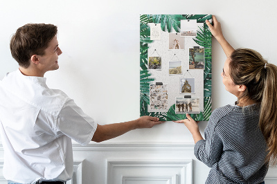 Tablero de corcho para pared con diseño de hojas tropicales y marco blanco