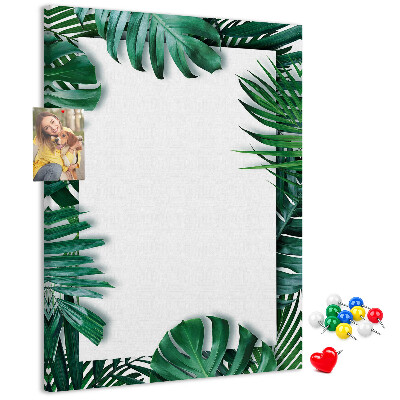 Tablero de corcho para pared con diseño de hojas tropicales y marco blanco