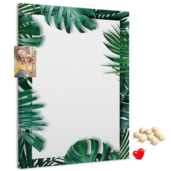 Tablero de corcho para pared con diseño de hojas tropicales y marco blanco