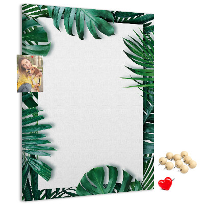 Tablero de corcho para pared con diseño de hojas tropicales y marco blanco