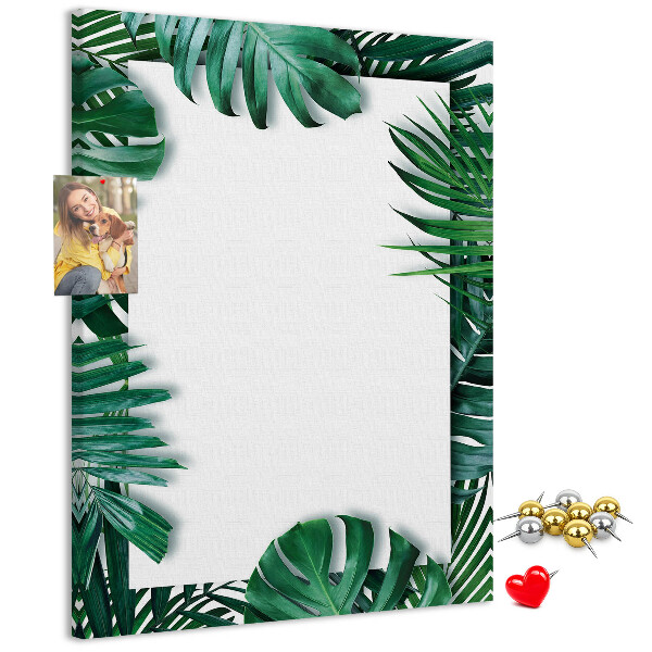 Tablero de corcho para pared con diseño de hojas tropicales y marco blanco