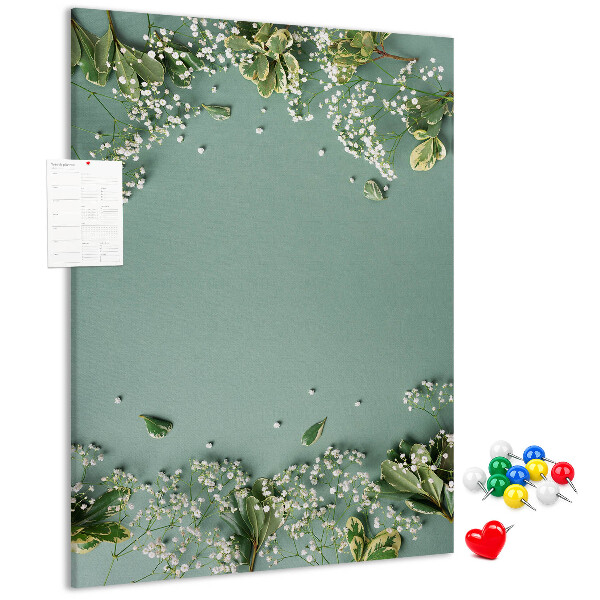 Pizarra de corcho decorativa fondo verde con flores y hojas delicadas