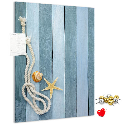 Tablero de corcho para pared con diseño de ambiente costero, tablones azules y una concha