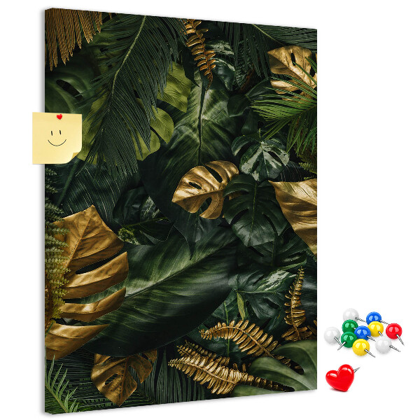 Tablero de corcho para pared con diseño de hojas doradas y plantas tropicales
