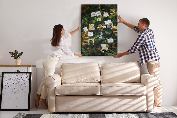 Tablero de corcho para pared con diseño de hojas doradas y plantas tropicales