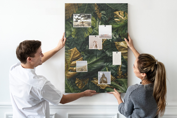 Tablero de corcho para pared con diseño de hojas doradas y plantas tropicales