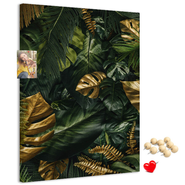 Tablero de corcho para pared con diseño de hojas doradas y plantas tropicales