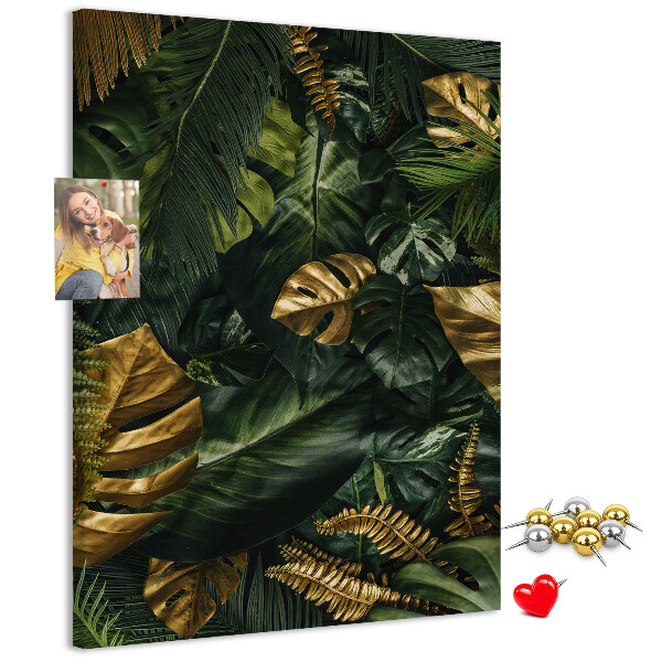 Tablero de corcho para pared con diseño de hojas doradas y plantas tropicales