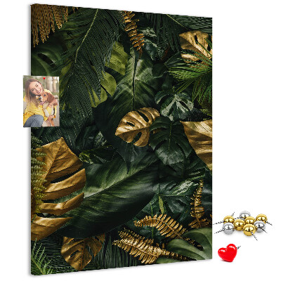 Tablero de corcho para pared con diseño de hojas doradas y plantas tropicales