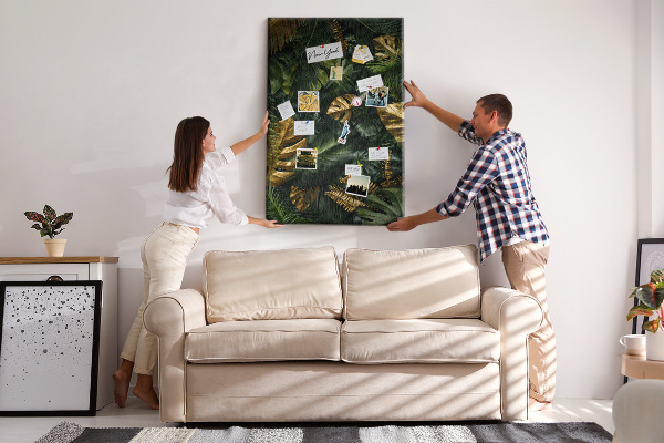 Tablero de corcho para pared con diseño de hojas doradas y plantas tropicales
