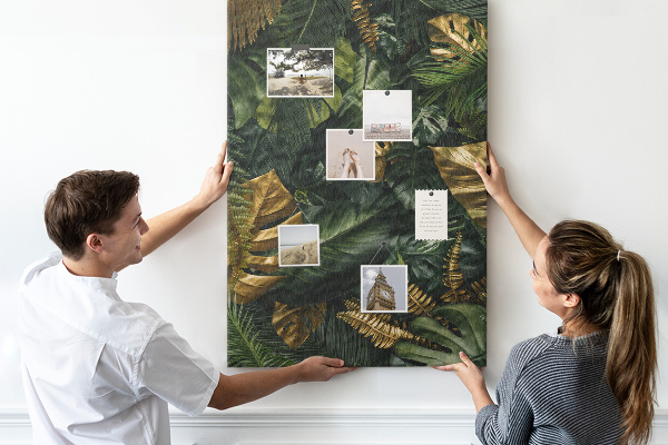 Tablero de corcho para pared con diseño de hojas doradas y plantas tropicales