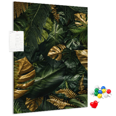 Tablero de corcho para pared con diseño de hojas doradas y plantas tropicales