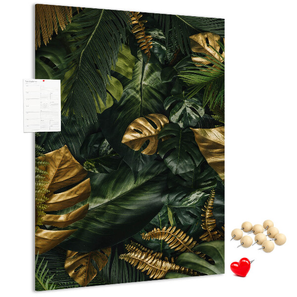Tablero de corcho para pared con diseño de hojas doradas y plantas tropicales