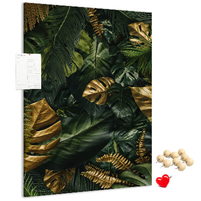 Tablero de corcho para pared con diseño de hojas doradas y plantas tropicales