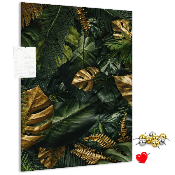 Tablero de corcho para pared con diseño de hojas doradas y plantas tropicales