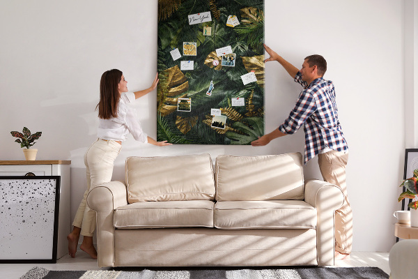 Tablero de corcho para pared con diseño de hojas doradas y plantas tropicales