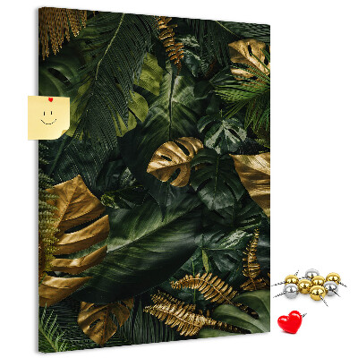 Tablero de corcho para pared con diseño de hojas doradas y plantas tropicales