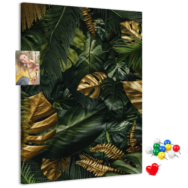 Tablero de corcho para pared con diseño de hojas doradas y plantas tropicales