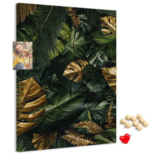 Tablero de corcho para pared con diseño de hojas doradas y plantas tropicales