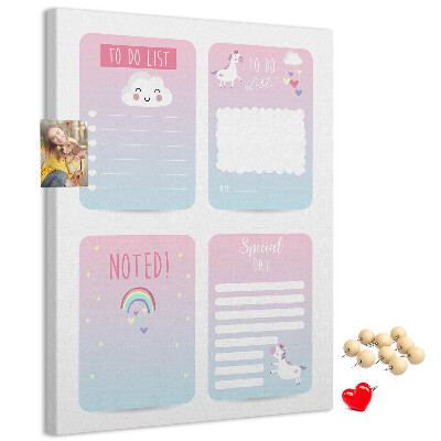 Pizarra de corcho decorativa con diseño de cuadernos coloridos de unicornio