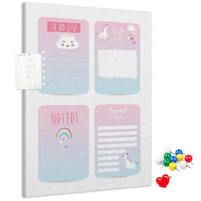 Pizarra de corcho decorativa con diseño de cuadernos coloridos de unicornio