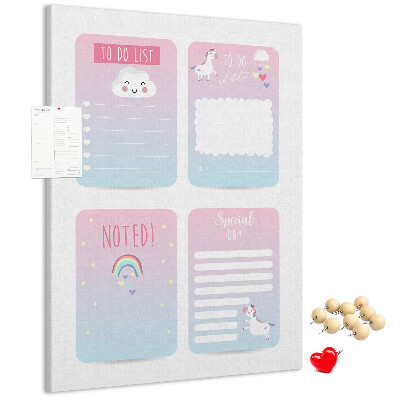 Pizarra de corcho decorativa con diseño de cuadernos coloridos de unicornio