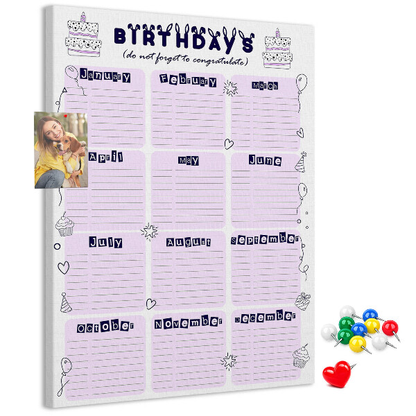 Tablero de corcho Calendario de cumpleaños con globos de colores