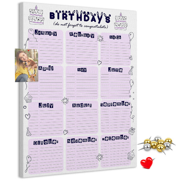 Tablero de corcho Calendario de cumpleaños con globos de colores