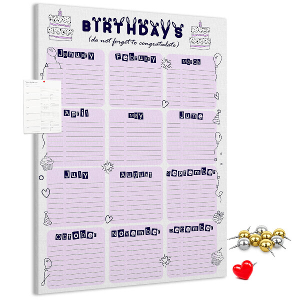 Tablero de corcho Calendario de cumpleaños con globos de colores