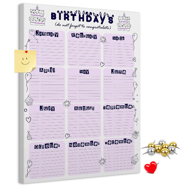Tablero de corcho Calendario de cumpleaños con globos de colores