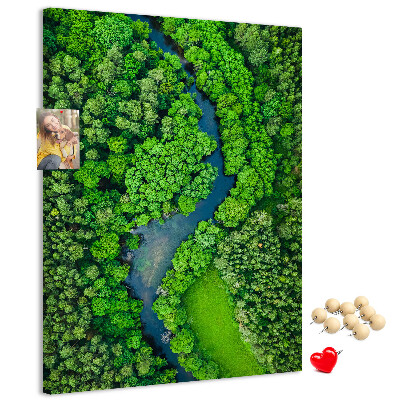 Pizarra de corcho decorativa con diseño de paisaje verde y río serpenteante