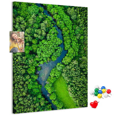 Pizarra de corcho decorativa con diseño de paisaje verde y río serpenteante