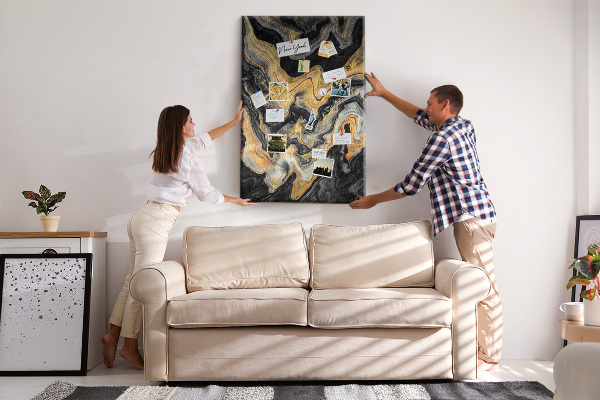 Tablero de corcho para pared Ondas abstractas de mármol dorado y negro