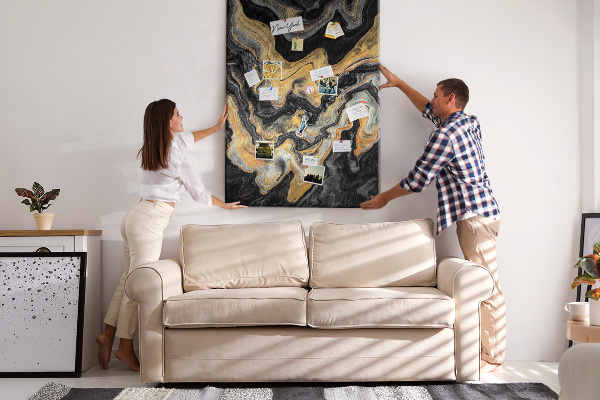 Tablero de corcho para pared Ondas abstractas de mármol dorado y negro