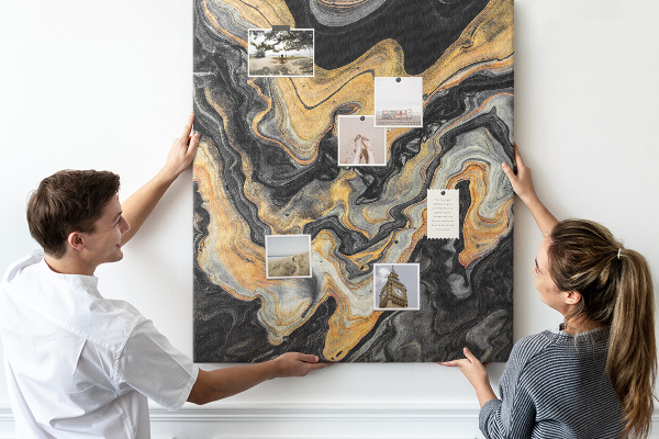 Tablero de corcho para pared Ondas abstractas de mármol dorado y negro