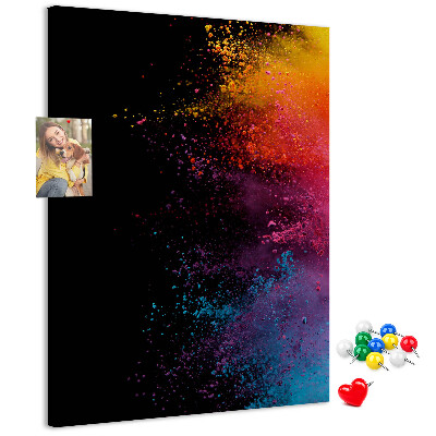 Pizarra de corcho decorativa con diseño de explosiones coloridas sobre fondo negro