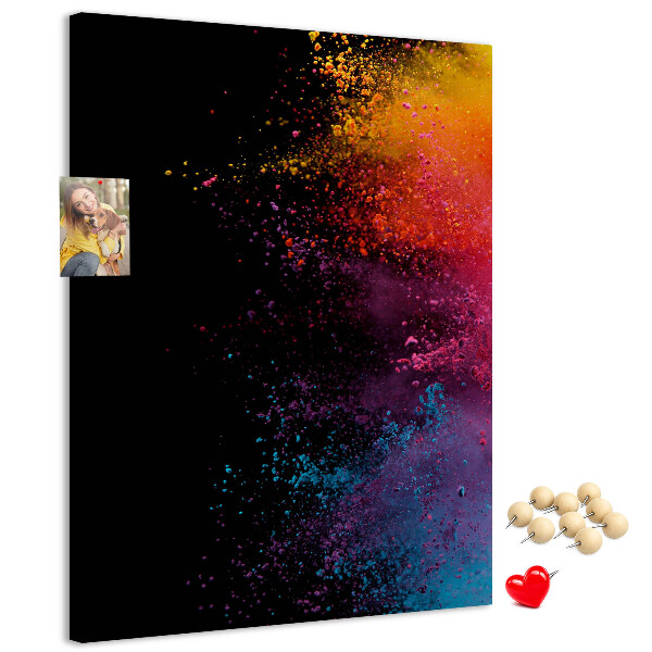 Pizarra de corcho decorativa con diseño de explosiones coloridas sobre fondo negro