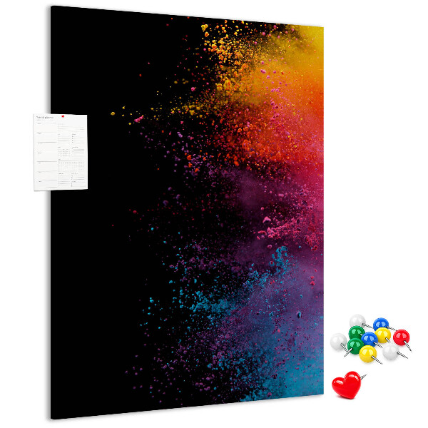 Pizarra de corcho decorativa con diseño de explosiones coloridas sobre fondo negro