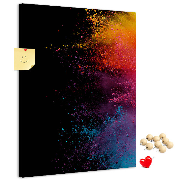 Pizarra de corcho decorativa con diseño de explosiones coloridas sobre fondo negro