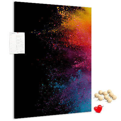 Pizarra de corcho decorativa con diseño de explosiones coloridas sobre fondo negro