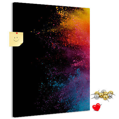 Pizarra de corcho decorativa con diseño de explosiones coloridas sobre fondo negro