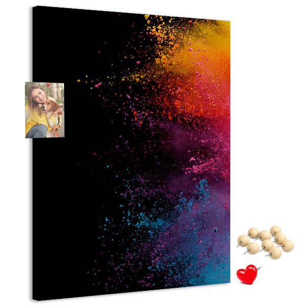 Pizarra de corcho decorativa con diseño de explosiones coloridas sobre fondo negro