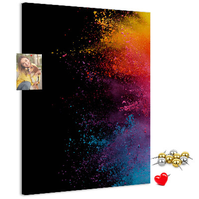 Pizarra de corcho decorativa con diseño de explosiones coloridas sobre fondo negro