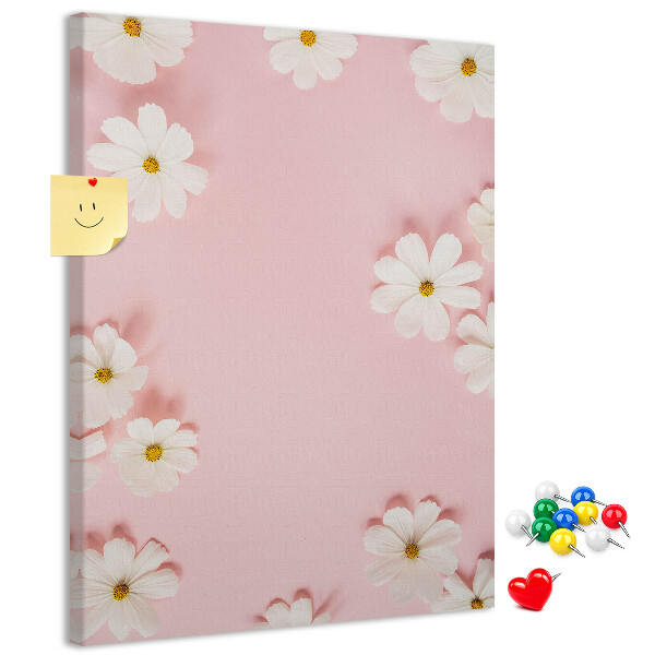 Tablero de corcho para pared con diseño de fondo rosa y flores de margarita blancas